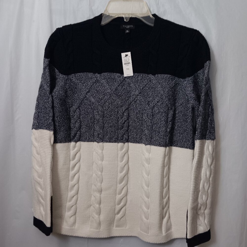TALBOTS COTTON BLEND PETITE COLOR BLOCK CABLE KNIT SWEATER
